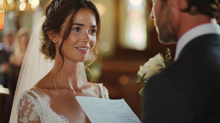 Bride in a lace wedding dress and veil reading vows to groom in a ceremony setting.