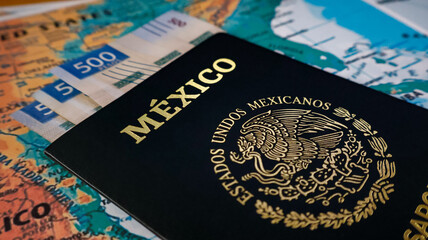 Pasaporte Mexicano Junto a Billetes de 500 Pesos Mexicanos, close-up. - obrazy, fototapety, plakaty