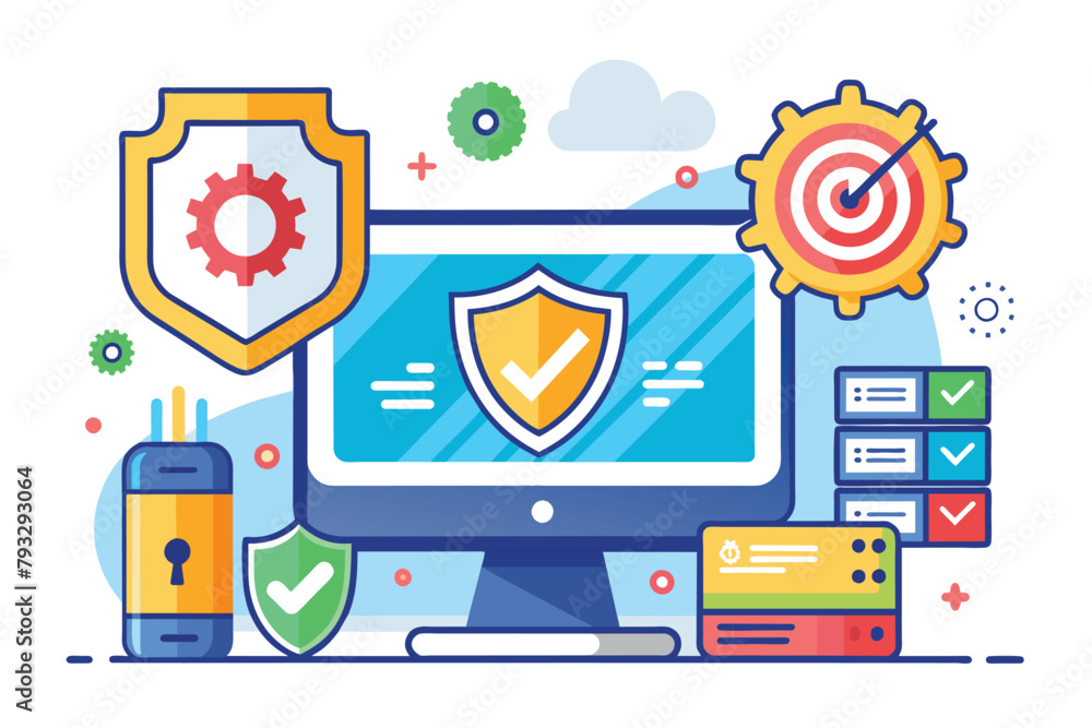 Poster a computer screen displaying a shield symbol with a dart on top symbolizing security measures, softw