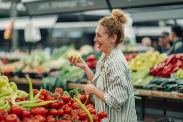 Laughing shopper buying fresh vegetables at farmers market.