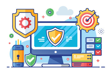 A computer screen displaying a shield symbol with a dart on top symbolizing security measures, Software security, Simple and minimalist flat Vector Illustration