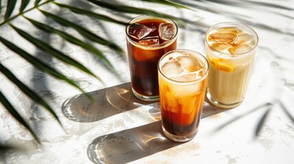Assorted iced coffee on white concrete background with palm shadows. Minimal composition with cold summer drinks: espresso tonic, ice moccachino and latte. Summer composition for coffee menu