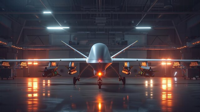 A military aircraft is parked in a hangar with a bright light shining on it
