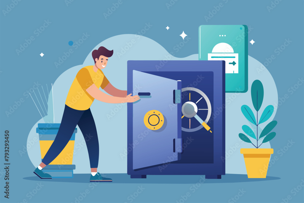 Poster a man efficiently opens a secure safe box using a key, someone is securing the safe, simple and mini