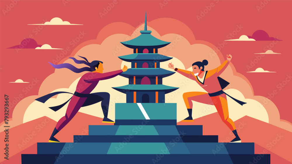 Poster a climactic battle atop a towering pagoda as two skilled fighters use acrobatic moves and lightningf