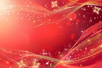 Red background with star elements, vector illustration, pink and gold color scheme, shiny light effects, glowing stars, curved lines and curves on the edge of the red background