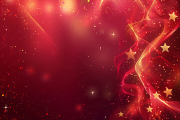 Red background with star elements, vector illustration, pink and gold color scheme, shiny light effects, glowing stars, curved lines and curves on the edge of the red background