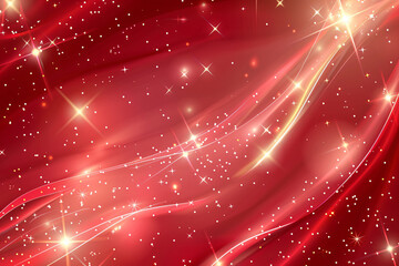 Red background with star elements, vector illustration, pink and gold color scheme, shiny light effects, glowing stars, curved lines and curves on the edge of the red background