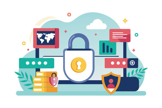 A padlock surrounded by various icons, symbolizing security and protection in a minimalist flat vector design, SSL technology, Simple and minimalist flat Vector Illustration