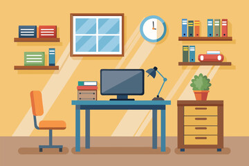 A desk with a computer and a chair set up in a minimalist and clean workspace, ssl technology study, Simple and minimalist flat Vector Illustration