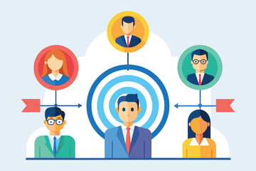 Diverse group of individuals standing together in front of a target, Staff management perspective definition target orientation, teamwork organization, Simple and minimalist flat Vector Illustration