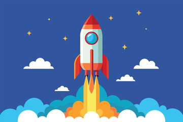 Fototapeta premium Rocket Flying Through Sky With Clouds, Started business, launch success rocket or entrepreneur, startup project, Simple and minimalist flat Vector Illustration