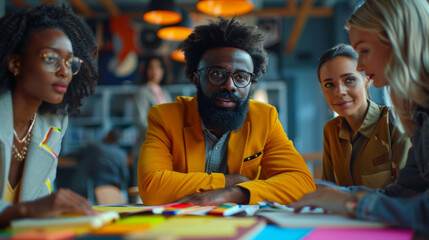 Interior designers discussing over color palettes in a bright office space.