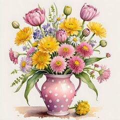 Colorful spring flowers in polka dot patterned vase.