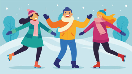 Fototapeta premium A group of friends bundled up in scarves and mittens laughing and twirling on the ice as they celebrate their friends first time skating.