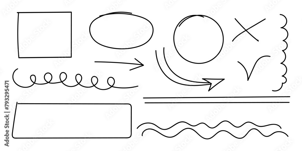 Poster hand drawn frames of oval, circular, square and rectangular shapes. sketch of arrows, underlines and