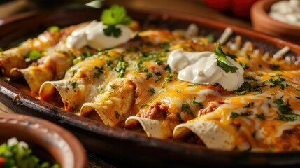 Savor the classic flavors of Mexico with some mouthwatering Enchiladas topped with creamy sour cream