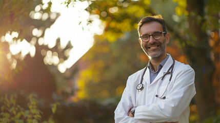 50 years old handsome doctor outside, sunny weather, white doctor clothes, smiling, in glasses, full body image