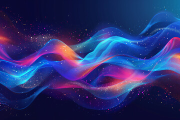Watercolor abstract background with multicolored splashes and waves on dark blue, colorful neon lights. Vector illustration of bright glowing dots and lines in the style of fantasy. 