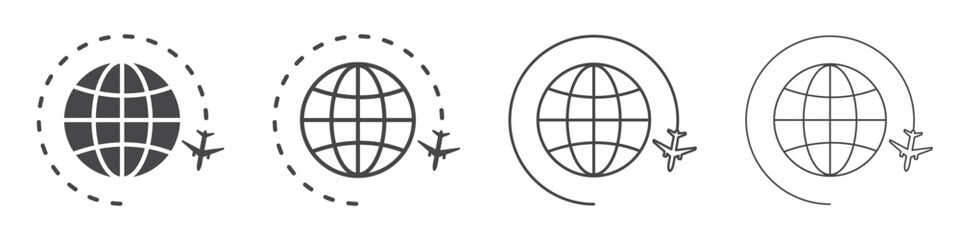 Set of travel icon with plane and planet. World or international travel, airplane fly around the earth. Globe symbol, planet earth. Vector. EPS10.
