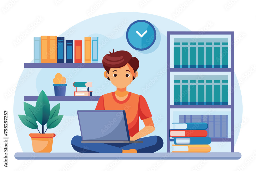 Poster a man sitting in front of a laptop computer, studying diligently in a library, student in front of l