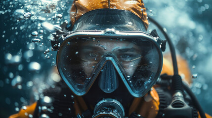 A commercial diver underwater, with clear view of the mask and bubbles around.