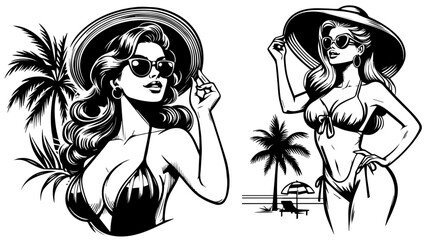 pin-up girl on the beachvintage style, black silhouette vector, comic cute woman shape print, monochrome clipart retro pin up illustration