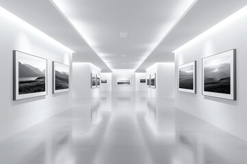 A serene, high-definition display within a modern photography art gallery, showcasing a collection of black and white landscape photographs.