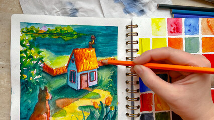 Bright colorful watercolor illustration with house and ginger cat. Teal orange aquarelle sketch. POV drawing in sketchbook. Soft focus. film grain pixel texture. Defocused.