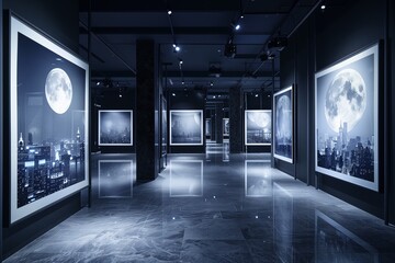 A sophisticated photography art gallery showcasing a series of night-time cityscape photographs.
