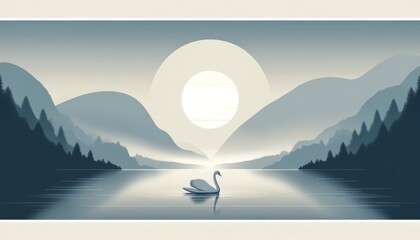 Swan floats calmly on a lake with misty mountains and dawn light. The peaceful presence of a swan on a serene lake with dawn breaking.