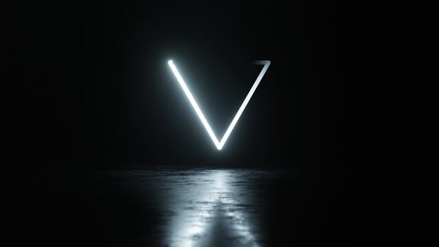 Mysterious flying triangle sign above wet concrete moving floor on a black background. Abstract neon seamless loop animation.