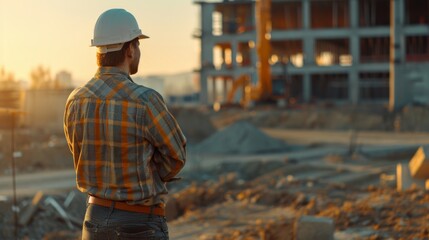 Construction worker overseeing sunset site