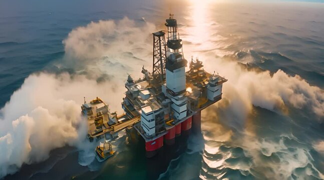 Offshore drilling rig on the sea. Oil platform for gas and petroleum or crude oil. Industrial. Aerial View Footage