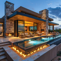 outdoor living space - modern mansion in the desert at night with swimming pool