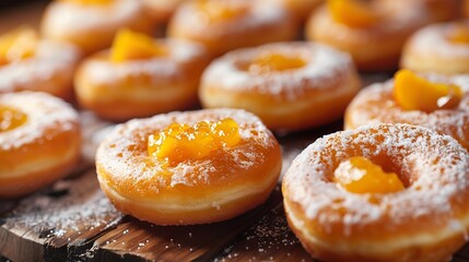 lot of donuts for breakfast with peach jam - obrazy, fototapety, plakaty