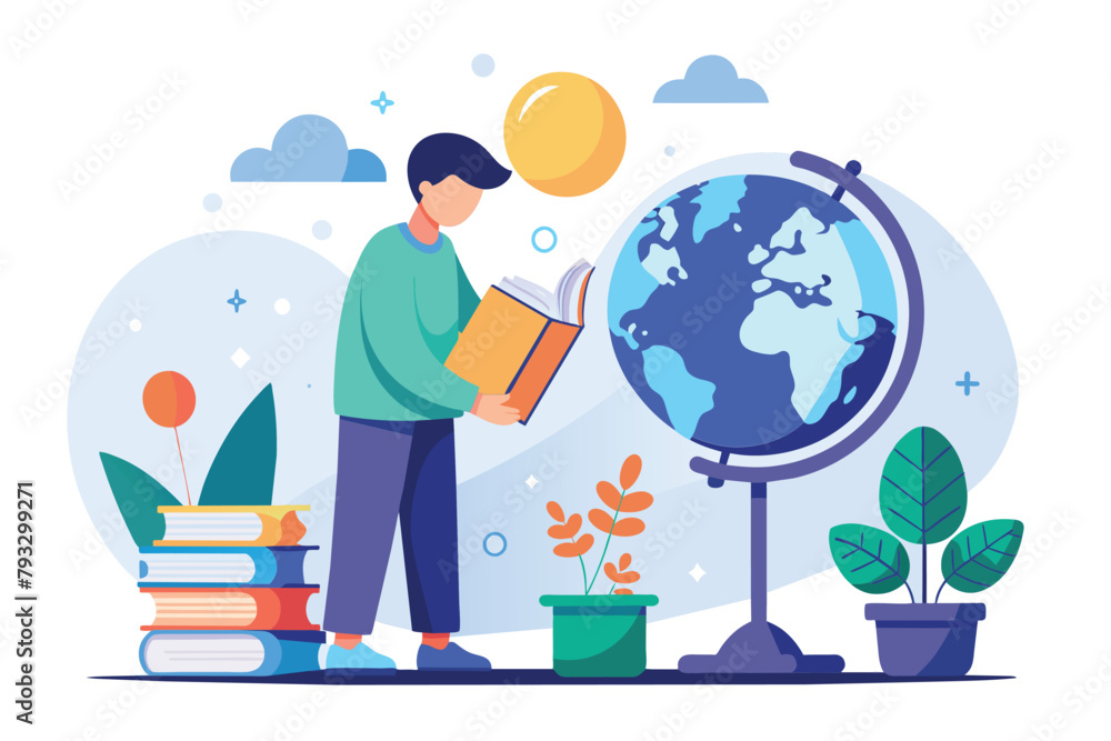 Poster a man holds a book in front of a globe, studying and learning, studying globes, simple and minimalis