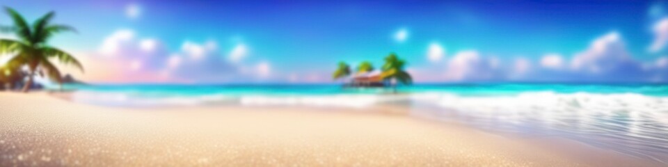 Fototapeta na wymiar Abstract blurry summer illustration of bright tropical seashore at sunrise. Background for banner, poster, website header, space for text. 