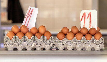 Organic fresh free range chicken eggs sold on market stall