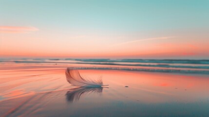 Feather rests on sand at a beach during a peaceful sunset. Sunset colors of orange and blue reflect on the beach, highlighting a lone feather.