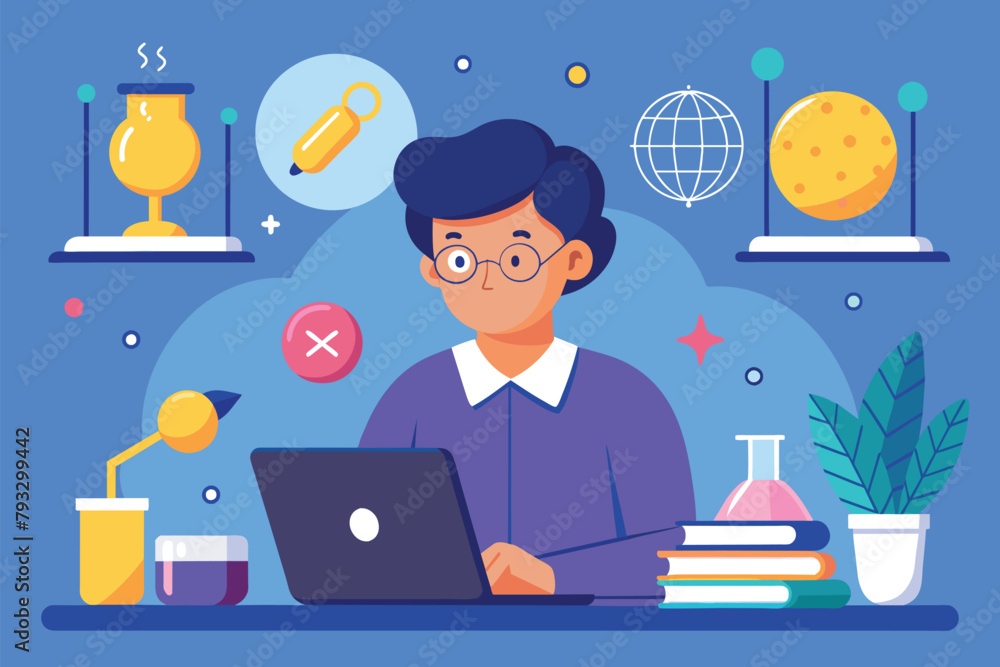 Poster a man sits at a desk, focused on studying science using a laptop in a simple and minimalistic settin