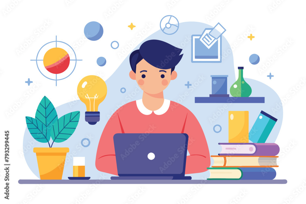Poster a man sitting in front of a laptop, focused on studying science with minimalistic surroundings, stud