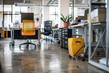 Janitorial maintenance cart and caution signage in a contemporary office environment