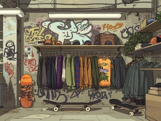A skateboard shop with graffiti on the walls and a rack of clothes. The clothes are hanging on the rack and the skateboards are on the floor