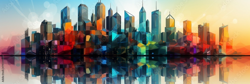 Poster a vibrant cityscape with modern architecture and colorful reflections on calm waters, creating a cap
