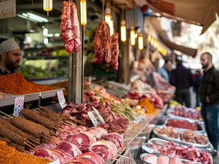 A butcher shop with a variety of meats on display. The shop is crowded with people, some of whom are looking at the meat