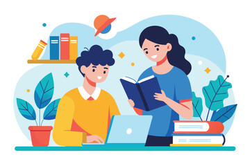 A woman is sitting and reading a book to a young boy, Studying together, Simple and minimalist flat Vector Illustration