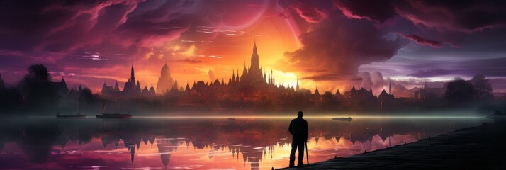 Fototapeta premium Digital painting of a fantasy city with a grand castle, tall towers, and vibrant sky. Waterfront scene with boats and a mysterious figure admiring the city. Panoramic Composition.