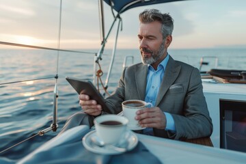 Businessman relaxing with coffee, reads news on tablet while sailing on yacht at sea in the morning