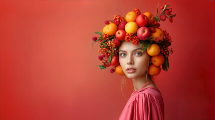 woman with fruits on the head, illustrative image on solid background, banner with copy space